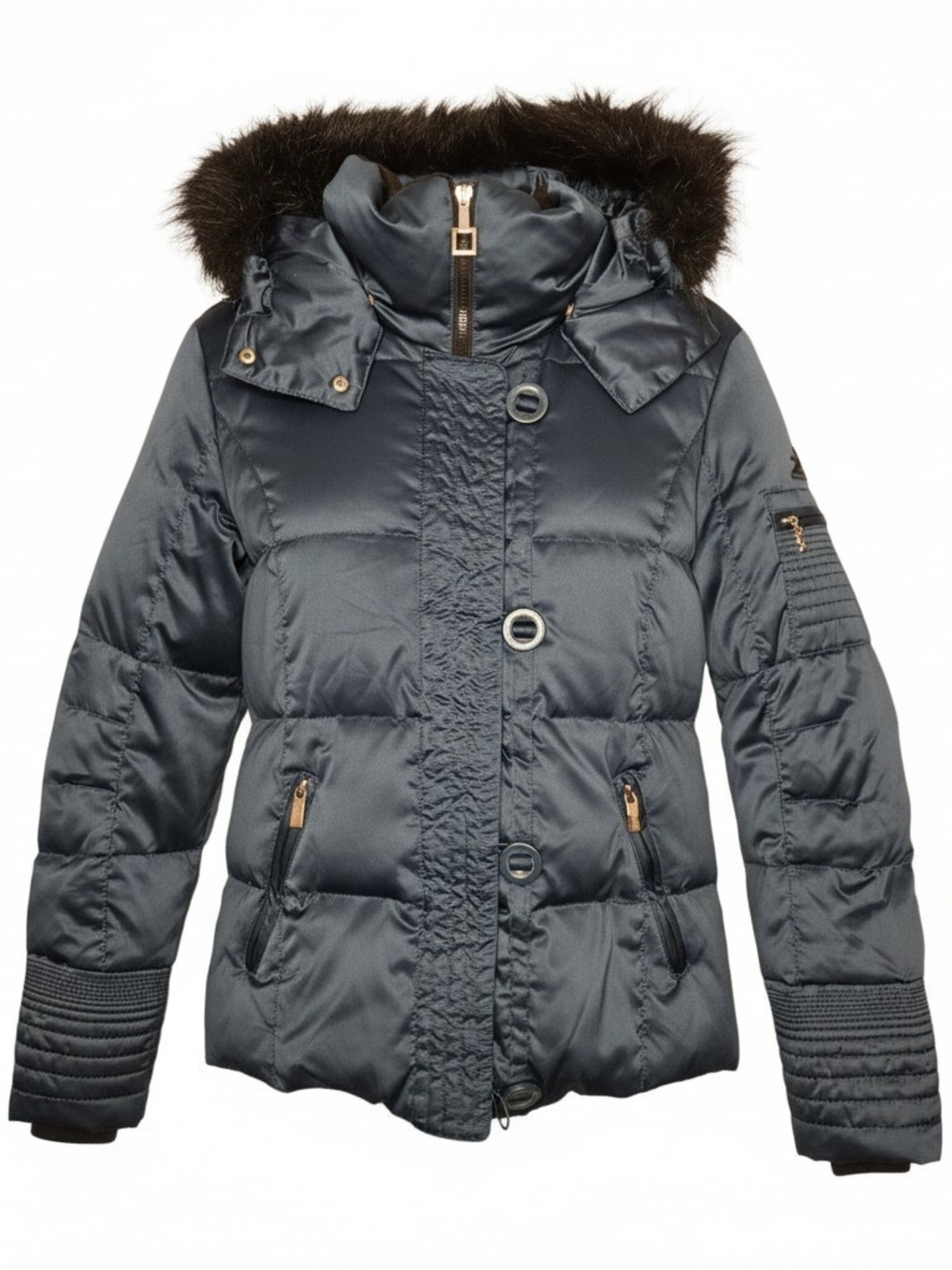 ​ZeroXposur Metallic Slate Grey Puffer Jacket Faux Fur Hood Medium